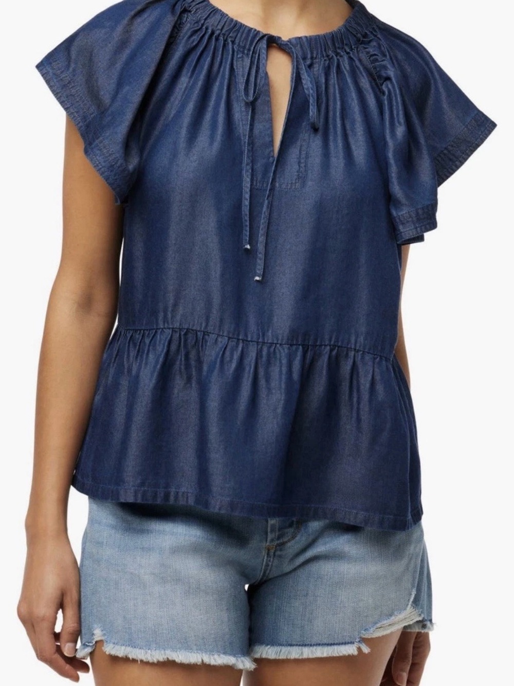 Joes jeans Adeline Blue Peplum Tie-Neck Women's Top flutter sleeve chambray S